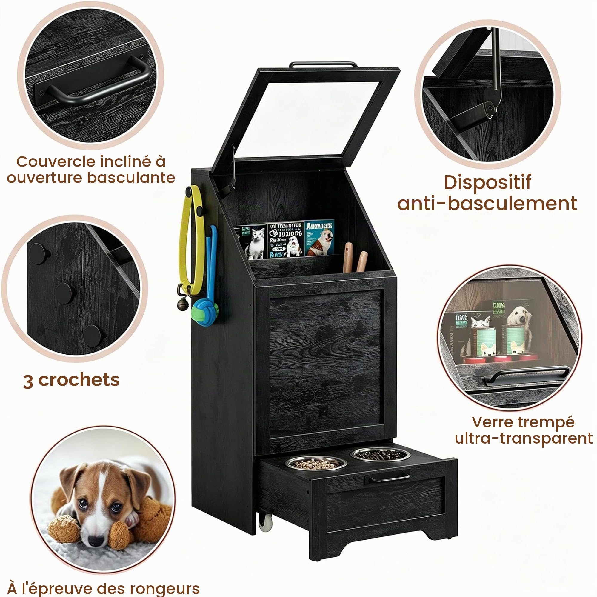 Garvee Station d'alimentation pour Chiens, Meuble d'armoire Alimentaire avec 2 Gamelles Surélevées pour Chien, Boîte de Rangement 3 Crochets, Organisateur de Jouets pourAnimaux Domestiques