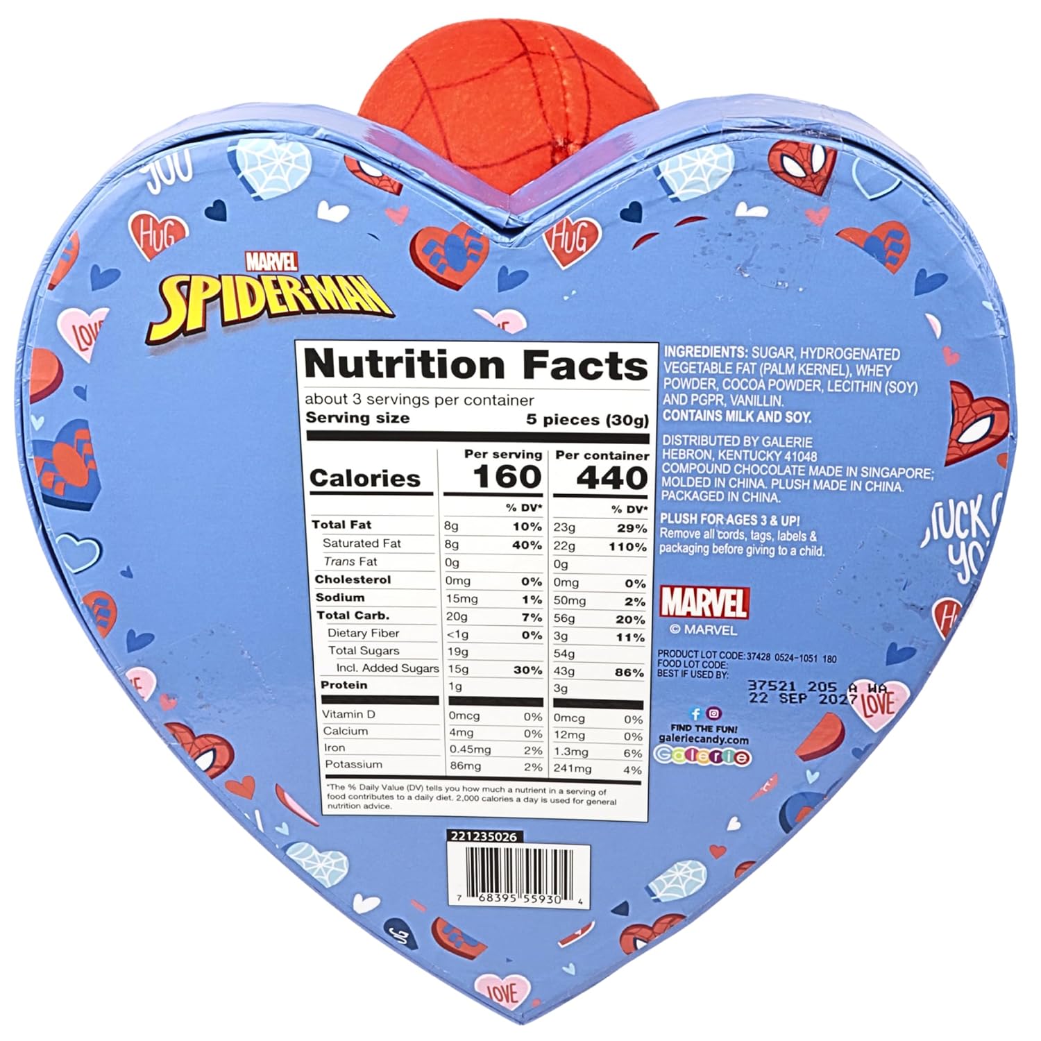 Spiderman Heart Box with Plush, Marvel Chocolatey Candy Assortment, Valentines Gift for Boys, 14 Individually Wrapped Candies, 2.96 Ounces