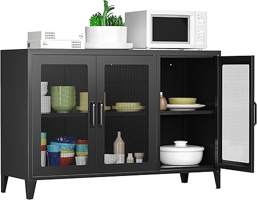 Miniatura 1 de LISSIMO Armario de almacenamiento de metal con 3 puertas de malla, armario de cocina independiente de 47 pulgadas de ancho, organizador de