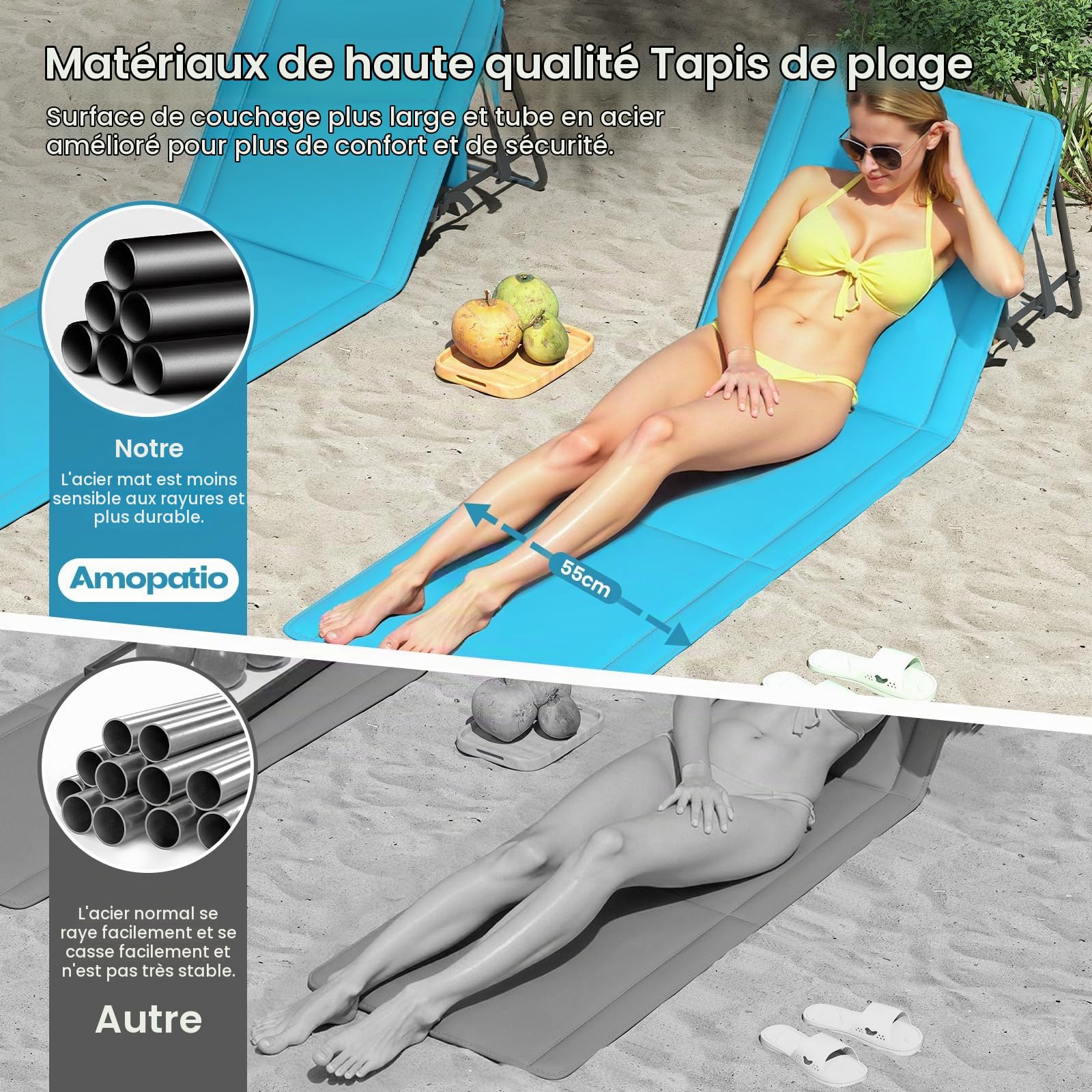 Amopatio Lot de 2 Tapis de Plage avec Dossier Réglable et Sangle – Chaise de Plage Pliable pour Plage, Jardin, Camping et Terrasse, Bleu