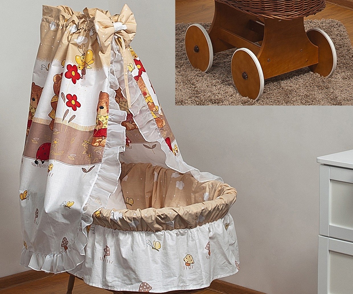 Baby Bedding Set for Wicker Moses, Cotton Canopy + Wicker Moses with Large Wheel (Pattern: teddys in a Garden_Beige)