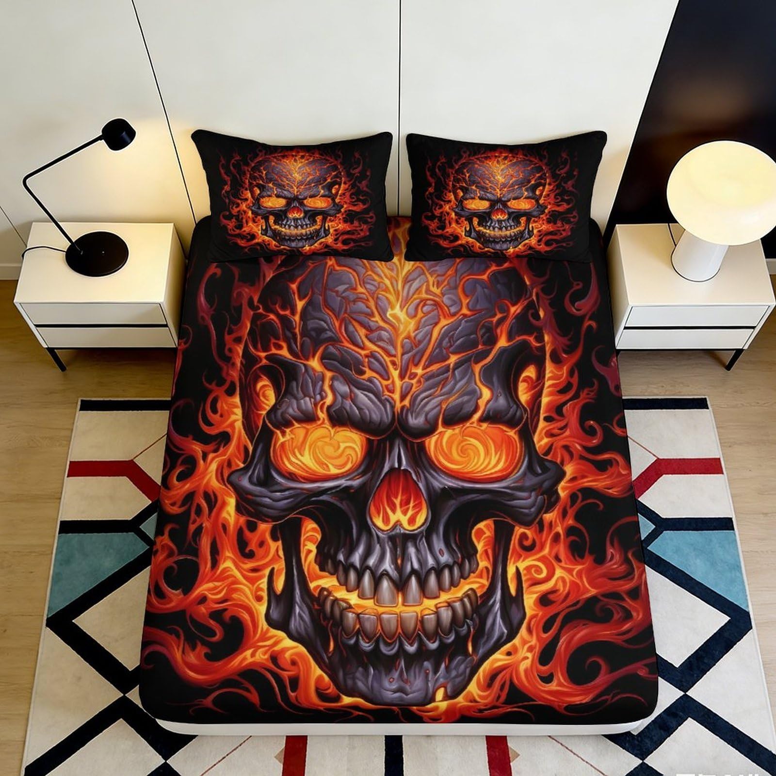 Pnayamiorkfel Style-7 3D Printed Flaming Skull Fitted Sheet Microfiber Soft Breathable Fire Pattern Bed Cover For Bedroom Decor Dorm Protection 90X200x25cm