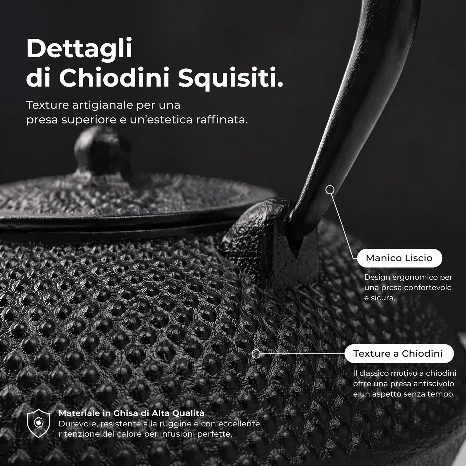 Teiera tradizionale giapponese in ghisa, nero, in metallo di alta qualità con motivo strutturato, stile teiera, 800 ml