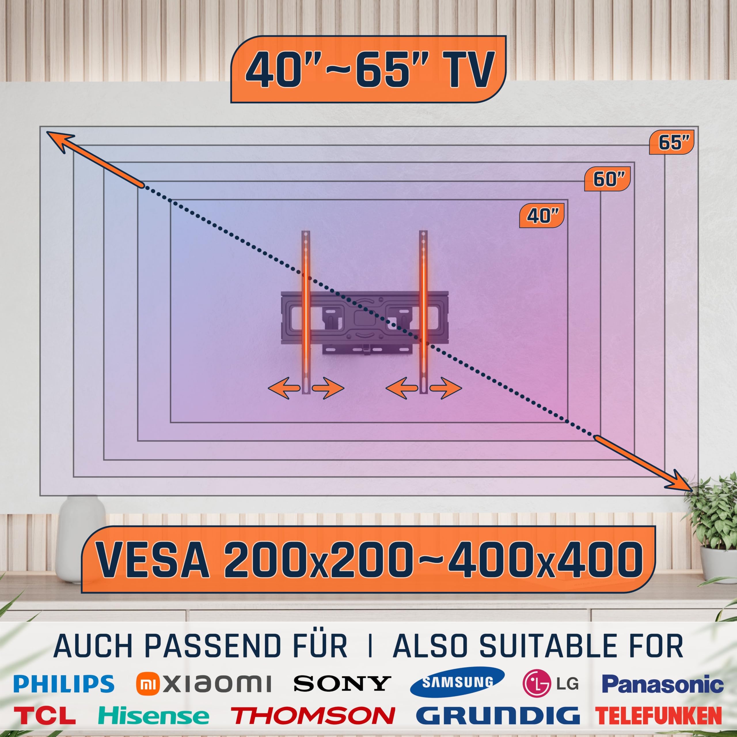 RICOO S5144 Supporto TV da parete Staffa TV 40-65 pollici per 40 42 43 55 60 65 pollici girevole inclinabile fino a 50 kg max VESA 400x400
