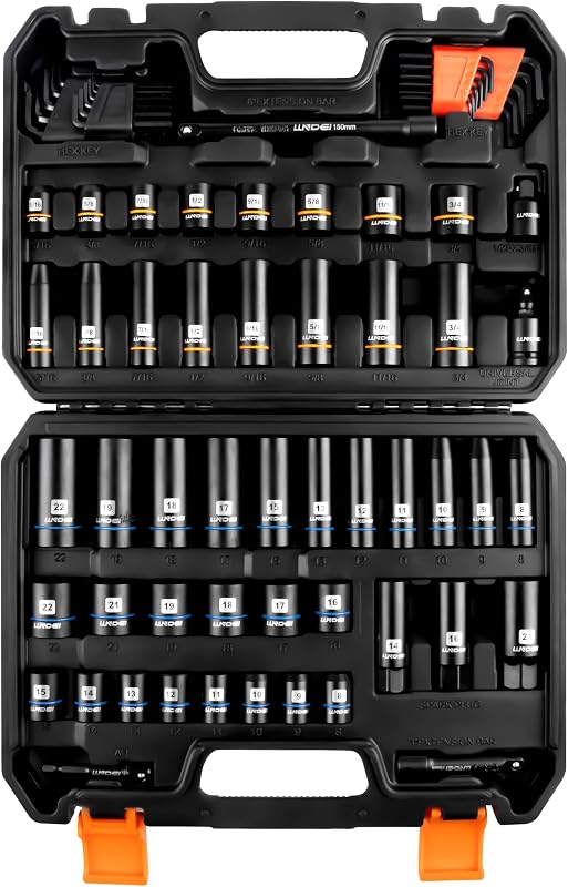 3/8" Drive 12-Point Socket Set 71Pcs SAE/Metric CR-V | Deep/Shallow 5/16-3/4" & 8-22mm, 12-Pt fits 6-Pt, Adapter & Hex Keys, for Auto, Precision Machinery & Industrial