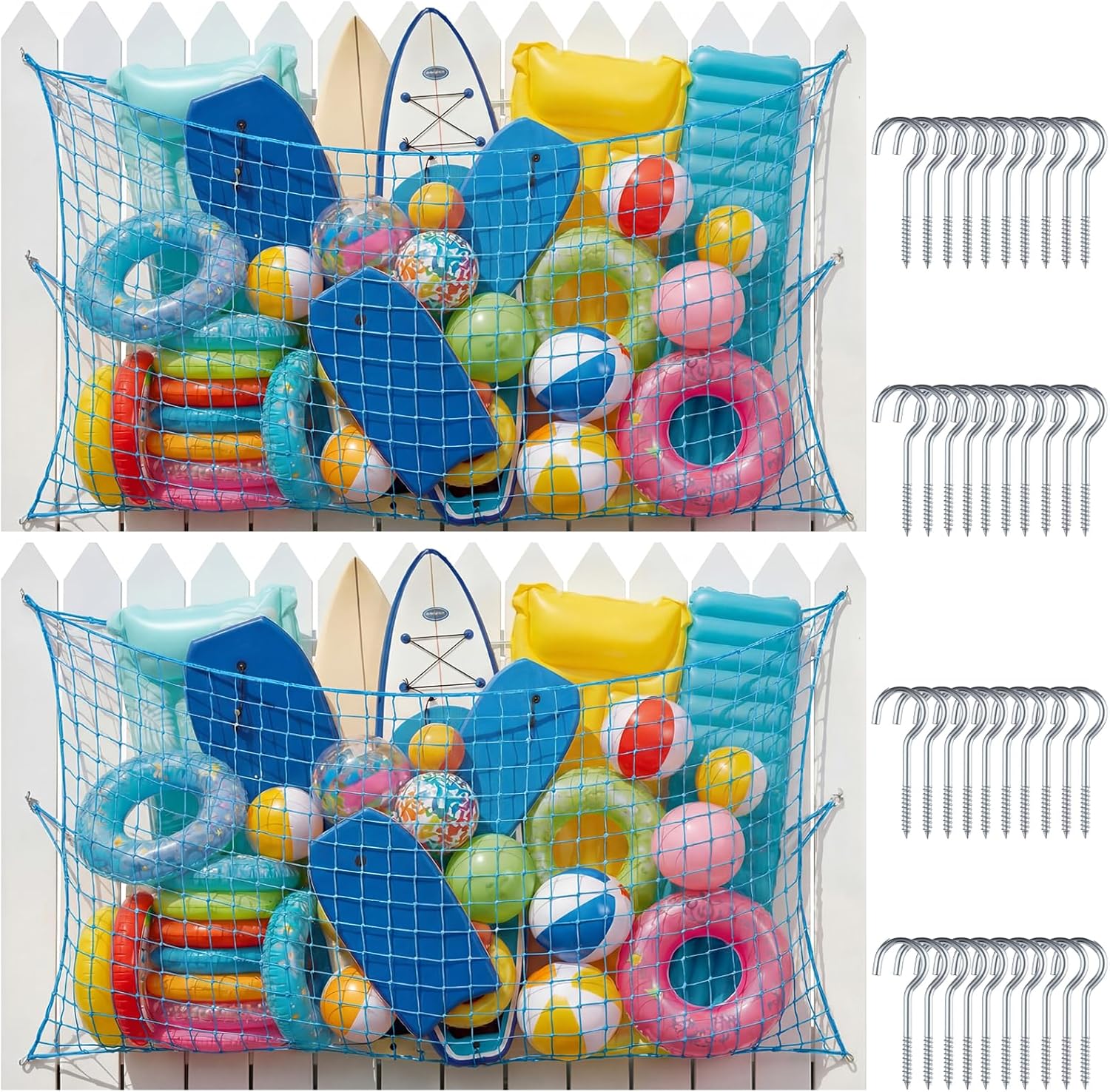 2 Pack Large Pool Toy Float Storage Net Poolside Hanging Elastic Mesh Organizer with 20 Hooks Heavy Duty Water Inflatable Toys Holder for Balls Rafts Chairs Accessories