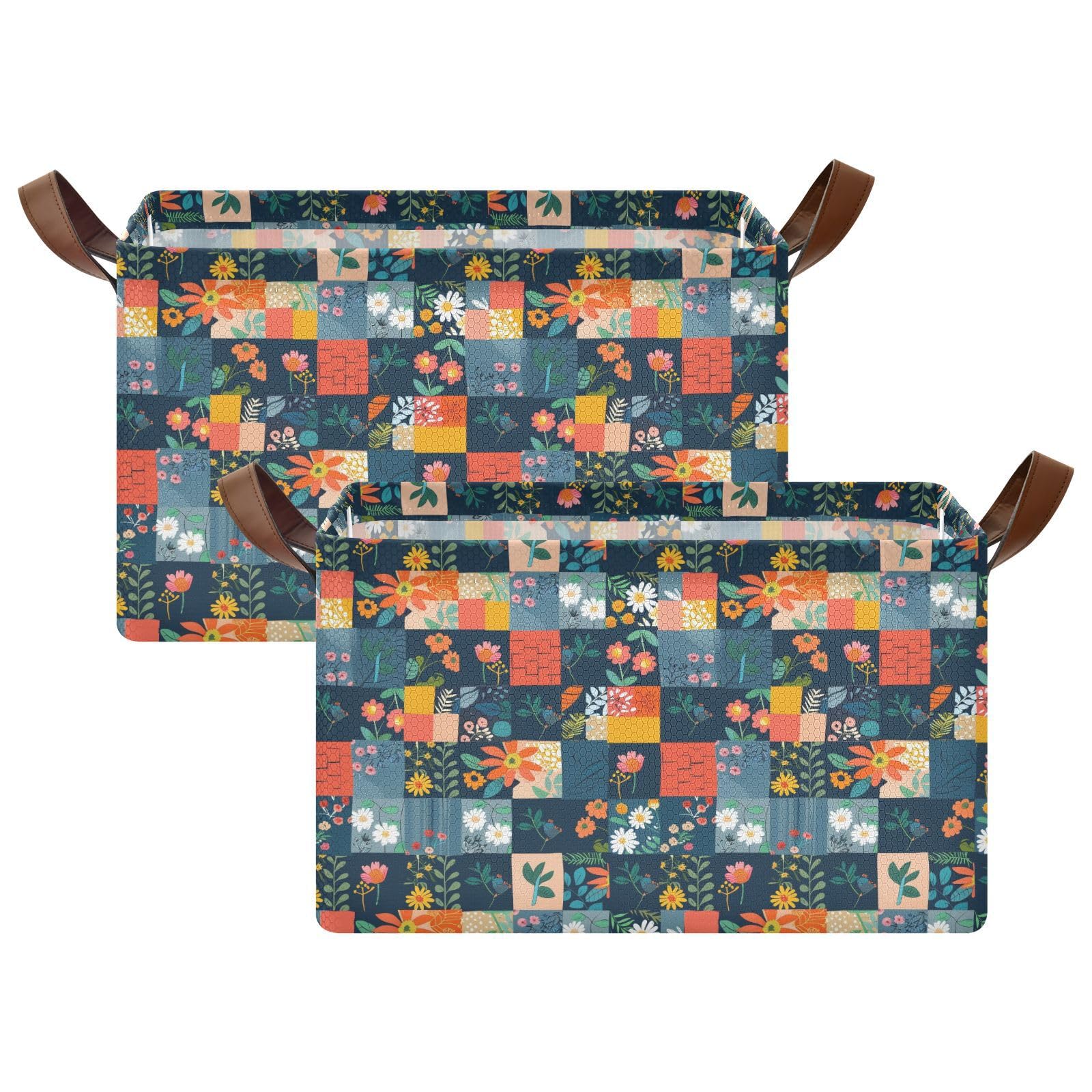 KLL Cestini per mensole a quadri con cuciture floreali con manici pieghevoli cubi di stoccaggio per armadio panno regalo 2 confezioni cestas para organizar ba?o