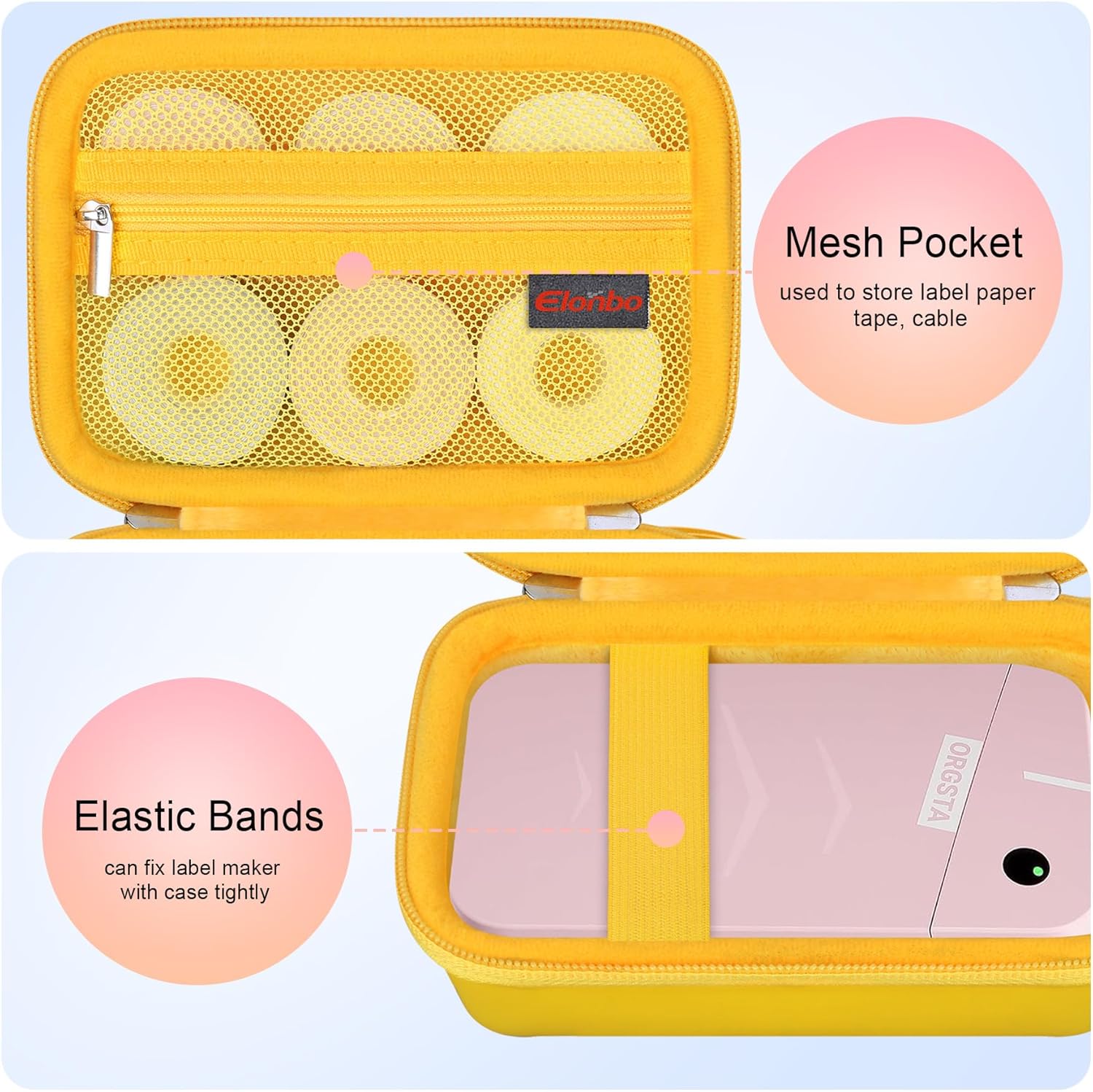 Elonbo Carrying Case for ORGSTA S001 Label Maker Machine, Portable Mini Bluetooth Thermal Label Printer Storage Holder, Wireless Small Handheld Sticker Maker Travel Bag, Pocket Fits Paper, Yellow - Image 3