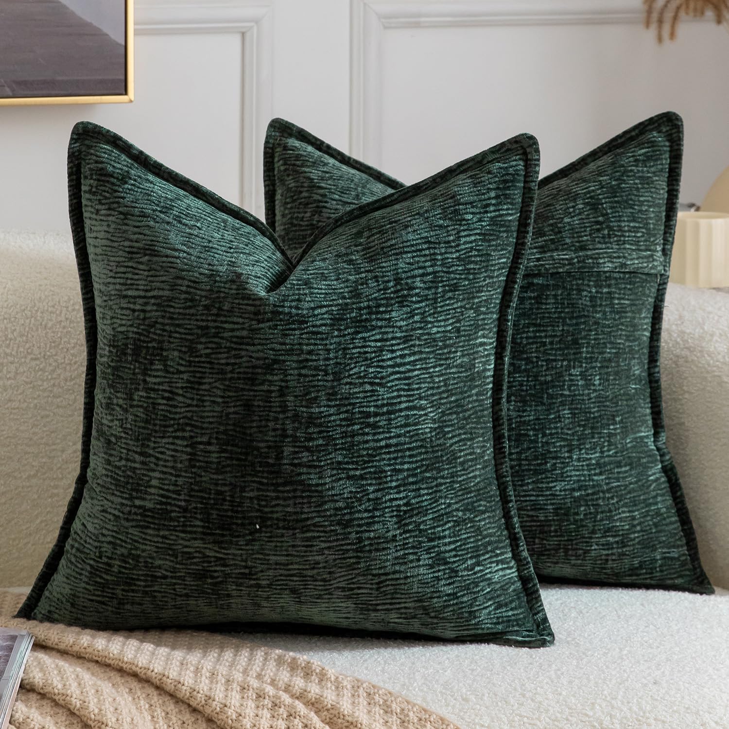 Madizz Pack of 2 Decorative Cushion Covers Soft Chenille Throw Pillows Solid Textured Throw Pillow Covers for Couch Sofa Bedroom Living Room 40x40 CM, Dark Green โ image 1