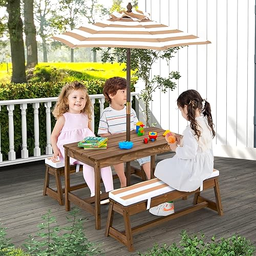 Miniatura 2 de Costzon - Mesa de picnic para niños, juego de mesa y silla de madera para niños con cojines, sombrilla de altura ajustable, juego de muebles de