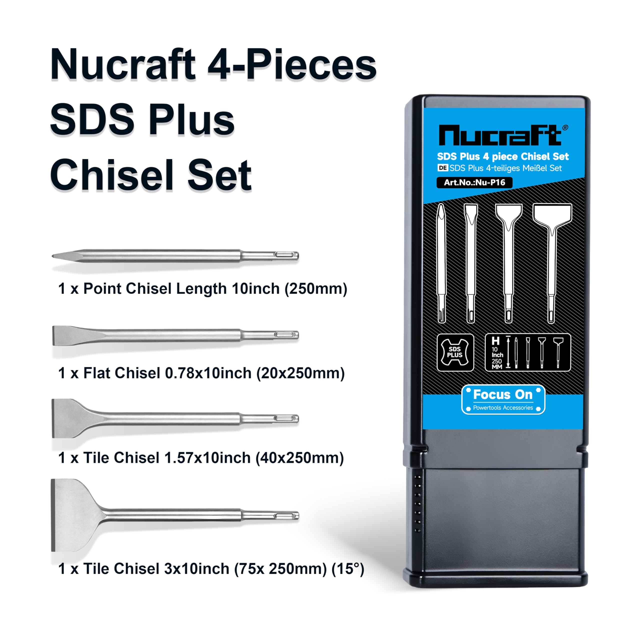 Nucraft Set di 4 scalpelli in acciaio SDS Plus, largo, piatto, appuntito, in Acciaio per Cemento, Mattone, Muro e Granito