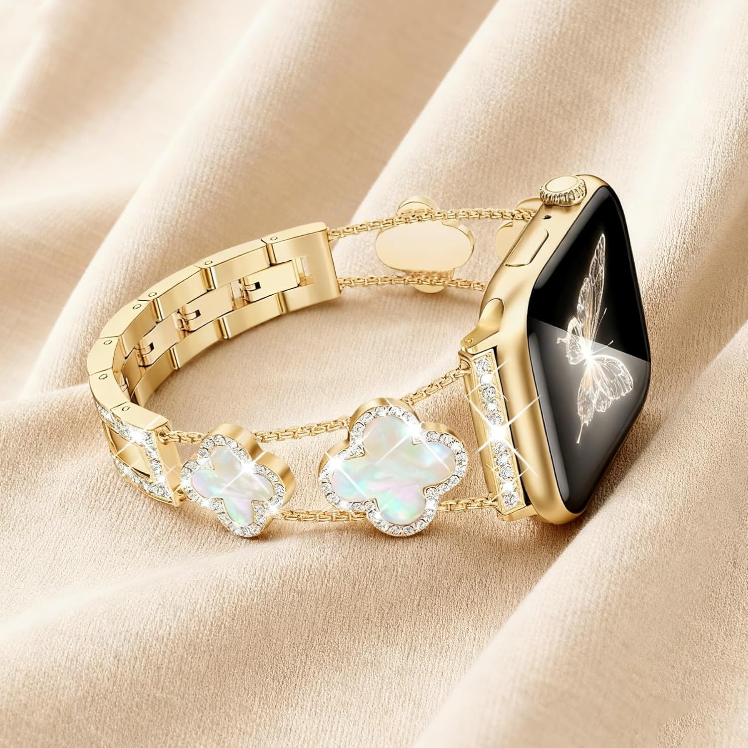 Gold Bling Diamond Clover Bands for Women Compatible with Apple Watch 40mm 38mm 41mm 42mm(S10/11) Lucky Cute Sparkle Dressy Bracelet Metal Strap for iWatch Series 11/10/9/8/7/6/5/4/SE 3/2/1 - Image 9