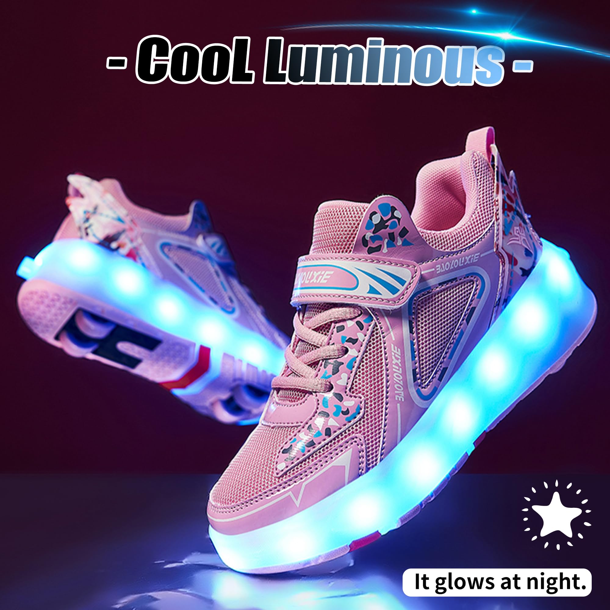 KSYVUCRD Kids Roller Skating Shoes LED Glow USB Charging Scalable Four Wheel Shoes Suitable for Roller Skating Beginner Boys Girls Birthday Gift,Pink Little Kid Size 12.5