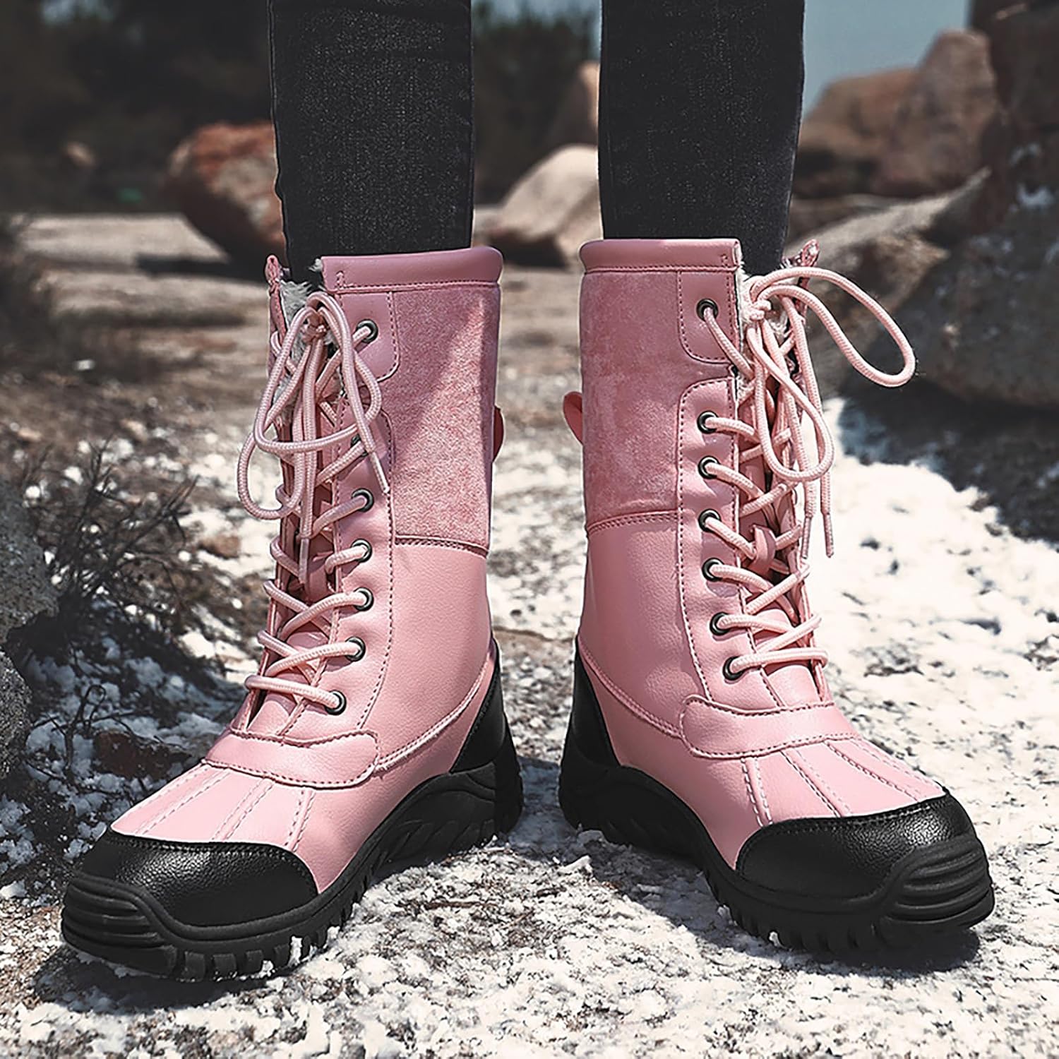 Women's Leather Furry Lined Mid Calf Snow Boots Waterproof Thicken Winter Warm Comfortable Lace Up Hiking Ankle Booties For Outdoor Work Climbing Camping Backpacking