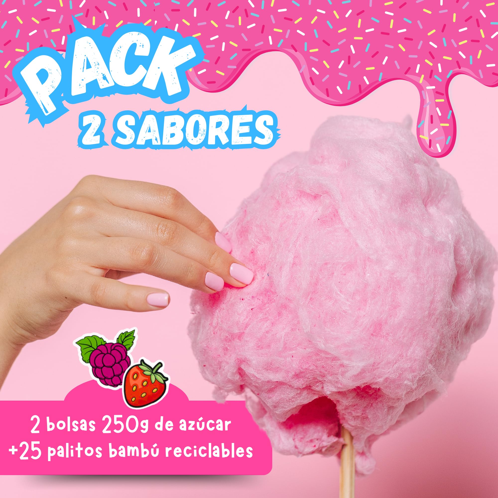 SIDRAL-Zucchero per Zucchero Filato (2x250 gr) - Set di 2 Gusti (Fragola / Lampone) - Aromi e Colori Naturali - 20 Bastoncini -