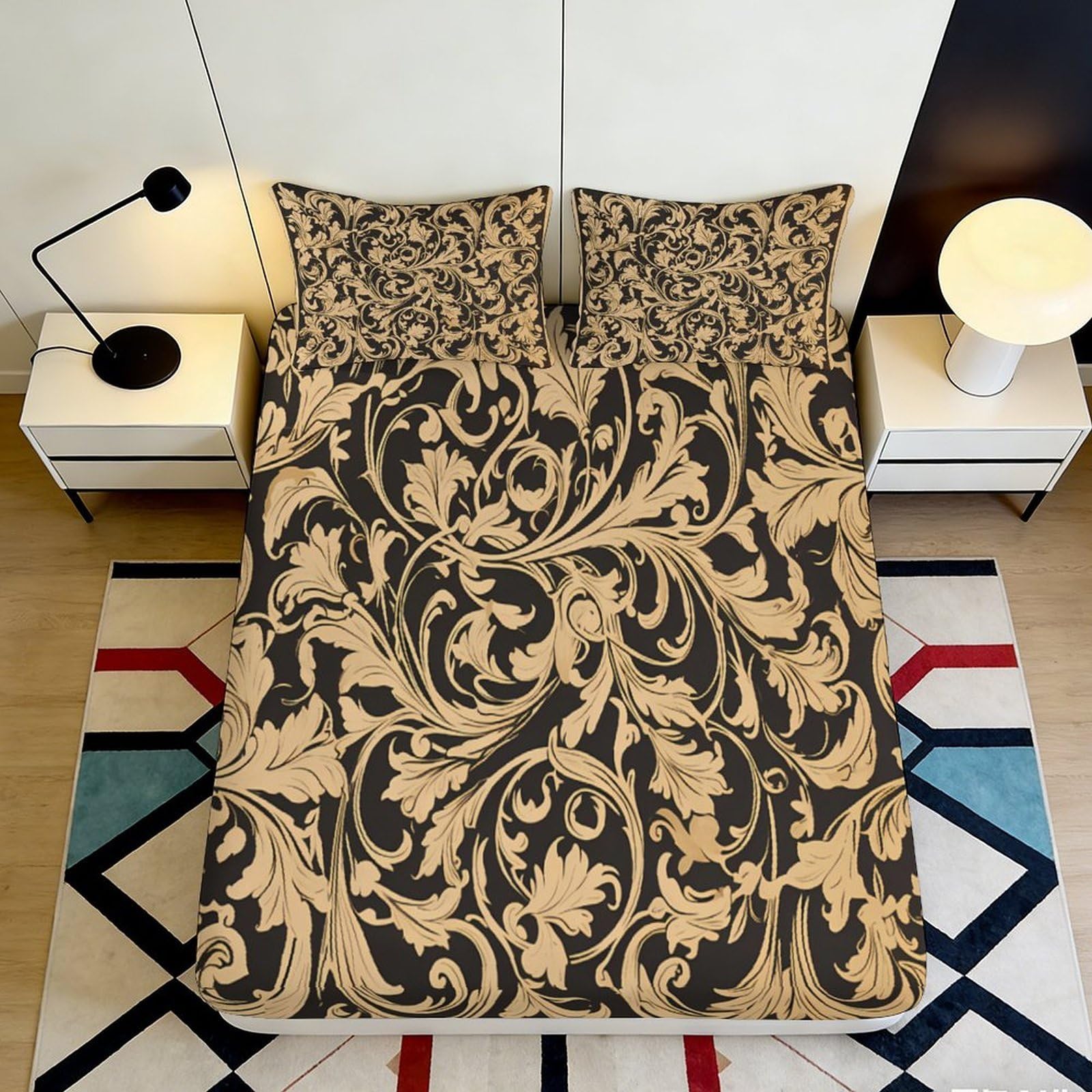 3D Printed Baroque Floral Fitted Sheet Microfiber Soft Breathable Vintage Damask Mattress Cover for Bedroom Dorm Decor 90x200x25cm