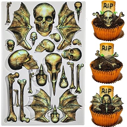 Large Skull Skeleton Fondant Molds, Halloween Silicone Mold Skull Skeleton Bat Ghost Head Shape Fondant Mold Chocolate Candy Moulds Cake Baking Mold Polymer Clay Resin Mold for Cake Cupcake Decoration