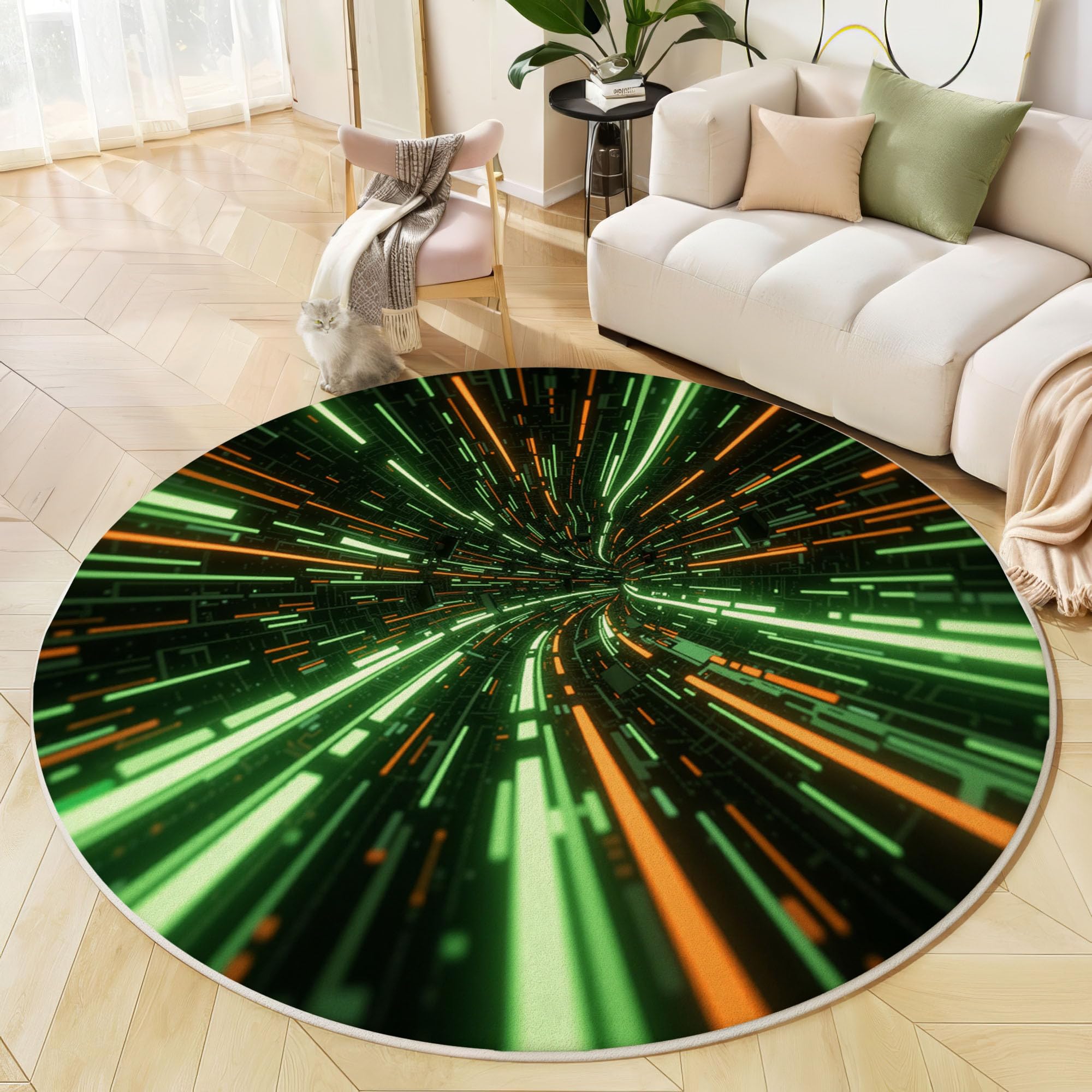 Tapis Rond Lignes Espace Tunnel 160cm, Style Futuriste Lavable en Machine Tapis Rond pour Salon, Antidérapant, Imprimé pour Salle à Manger, Chambre, Nurserie, Vert