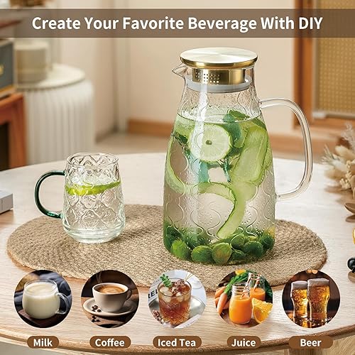 Miniatura 5 de Jarra de vidrio con tapa y asa, paquete de 2 jarras de agua con diseño de flores vintage de 68 onzas  2 litros, jarra de agua de vidrio de