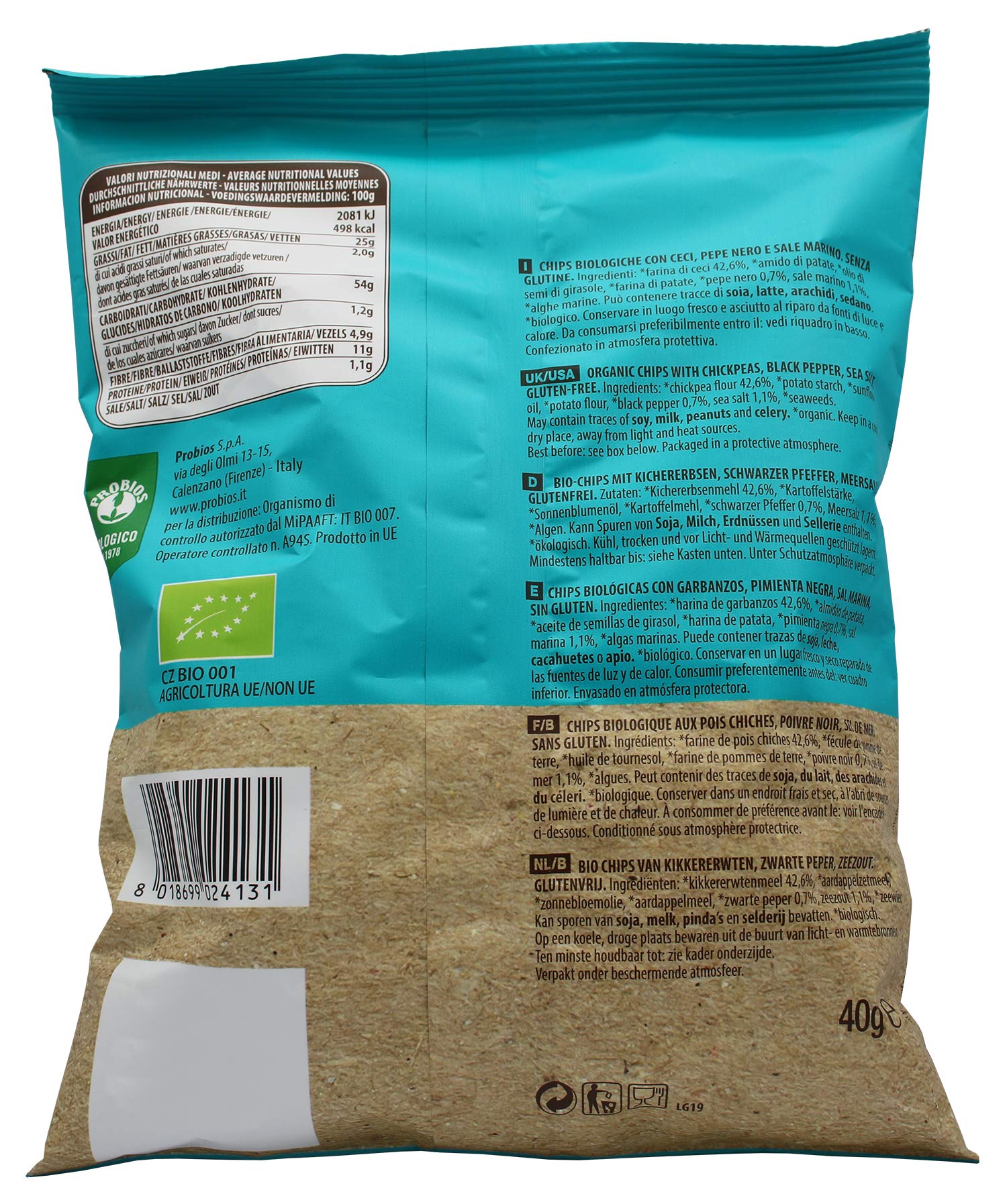Probios Chips aux pois chiches et poivre noir biologique - emballage 12x40g