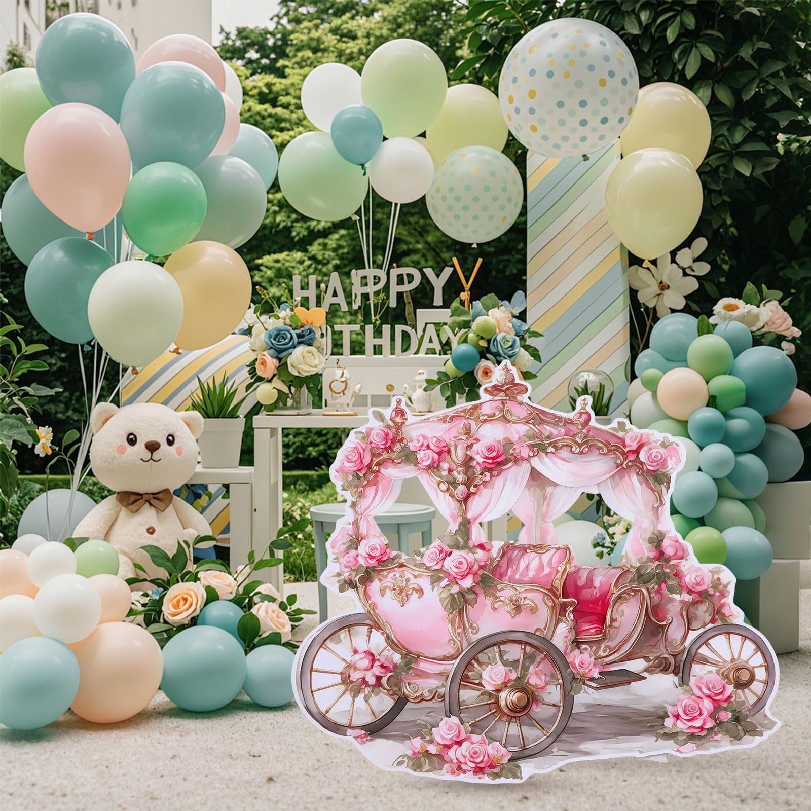 Toile de fond en carton pour photomaton de princesse – Découpe en carton grandeur nature – Toile de fond pour photographie – Décoration de fête d'anniversaire princesse (1, chariot de fleurs roses)