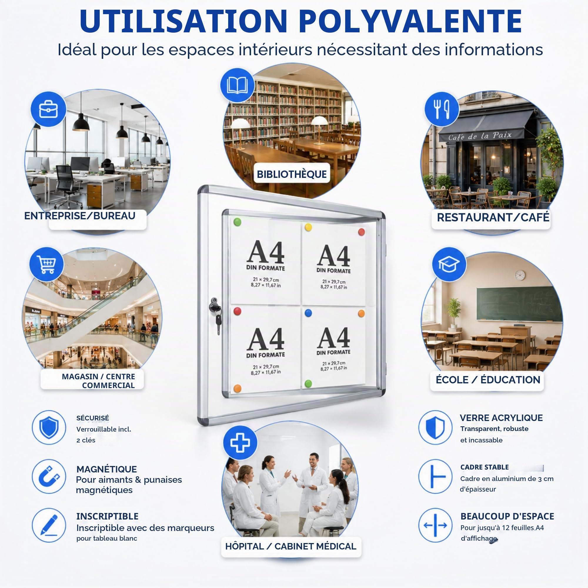OfficeMarshal Vitrine 1 x A4 avec 2 aimants - Panneau arrière magnétique et inscriptible - Avec cadre en aluminium