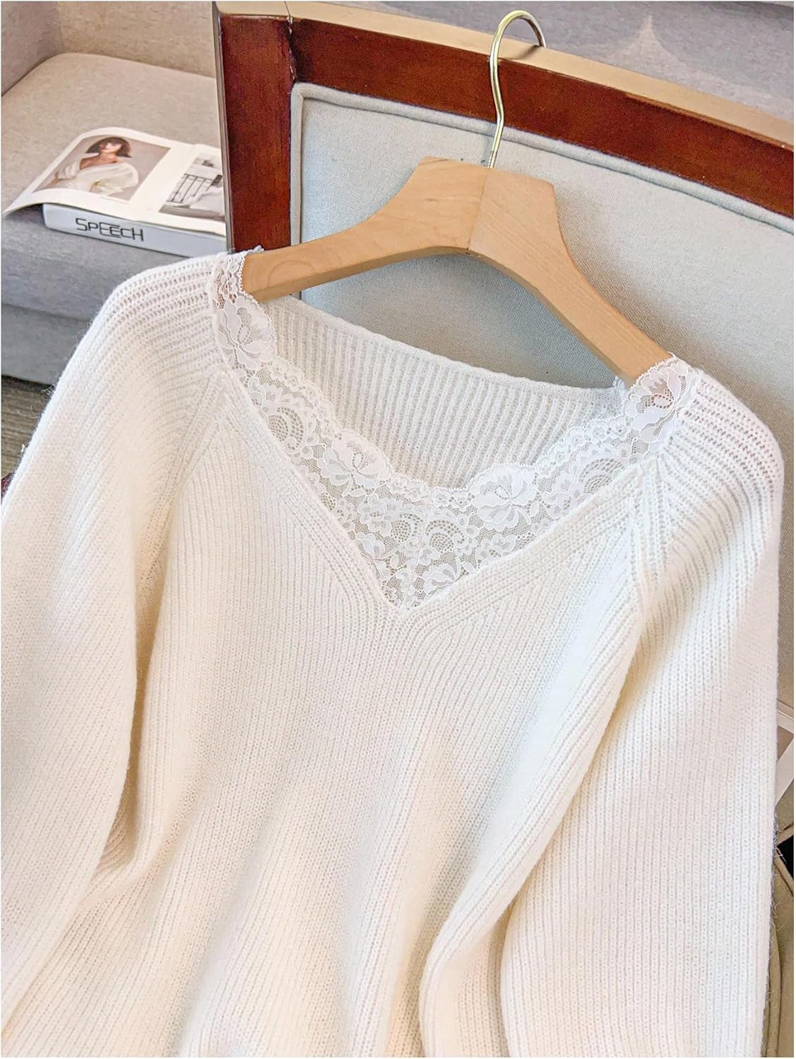 MakeMeChic Women's Plus Size Lace V Neck Sweater Long Sleeve Rib Knit Pullover Tops - Image 5