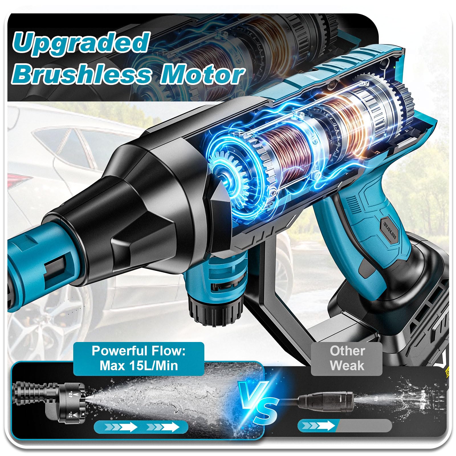 Akku Hochdruckreiniger,3000W Bürstenloser Motor 4-Gang-Modus Max 125Bar,Druckreiniger Mobiler mit 2x4.0Ah Batterien,6-in-1und 180° Drehbare Düse,Schaumsprüher, Reinigungsbürste,Reinigung Bewässerung