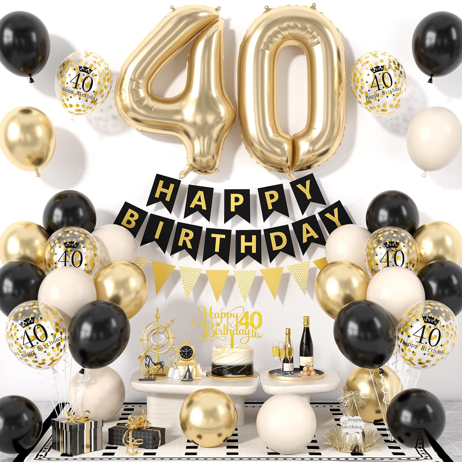 40th Birthday Decorations Black Gold for Men Women,Happy Birthday Banner with Cake Toppers,Confetti Balloons,Number 40 Balloons for 40 Years Old Party