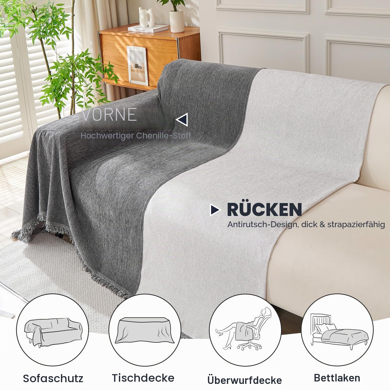 Royhom Sofa Überzug Chenille, Sofabezug L Form, Couch Überzug Ecksofa, Sofaüberwurf 3 Sitzer, Couch Überwurf mit Deko Quasten, Grau Sofa Überwurf(Dunkelgrau, 180x340cm)
