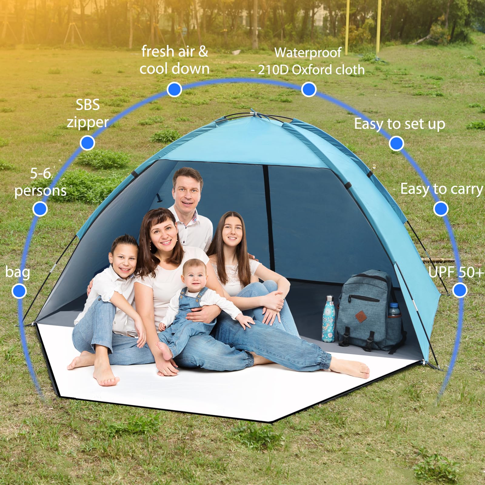 Tente de Plage pour 1-3/3-4/5-6 Personnes, Tente de Plage Protection UV 50+ Abris de Plage Tente de Camping de Plage Poids Léger, Facile à Installer et Portable