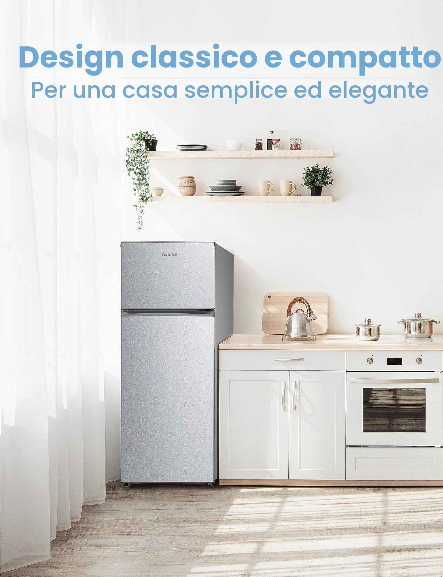 Comfee RCT284DS2 Frigorifero/congelatore/congelatore superiore/176 kWh/anno/altezza 143 cm/luce LED/cerniera per porta reversibile/argento