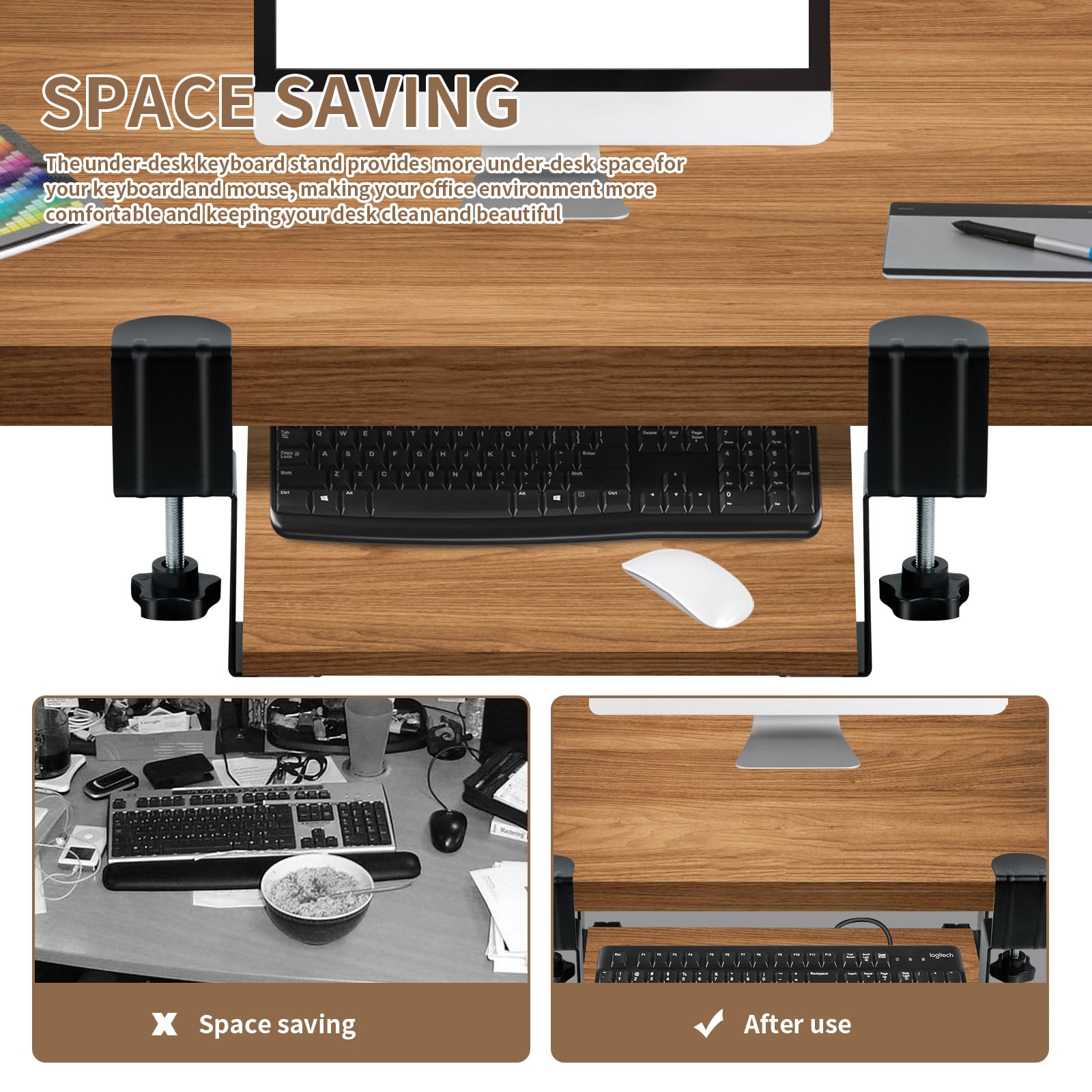 Porta Tastiera Estraibile, Supporto Tastiera Pc con Morsetto C di Grandi Dimensioni, Vassoio per Tastiera Allungabile e Silenzioso per L'Ufficio, 235mm X 140mm (Nero)