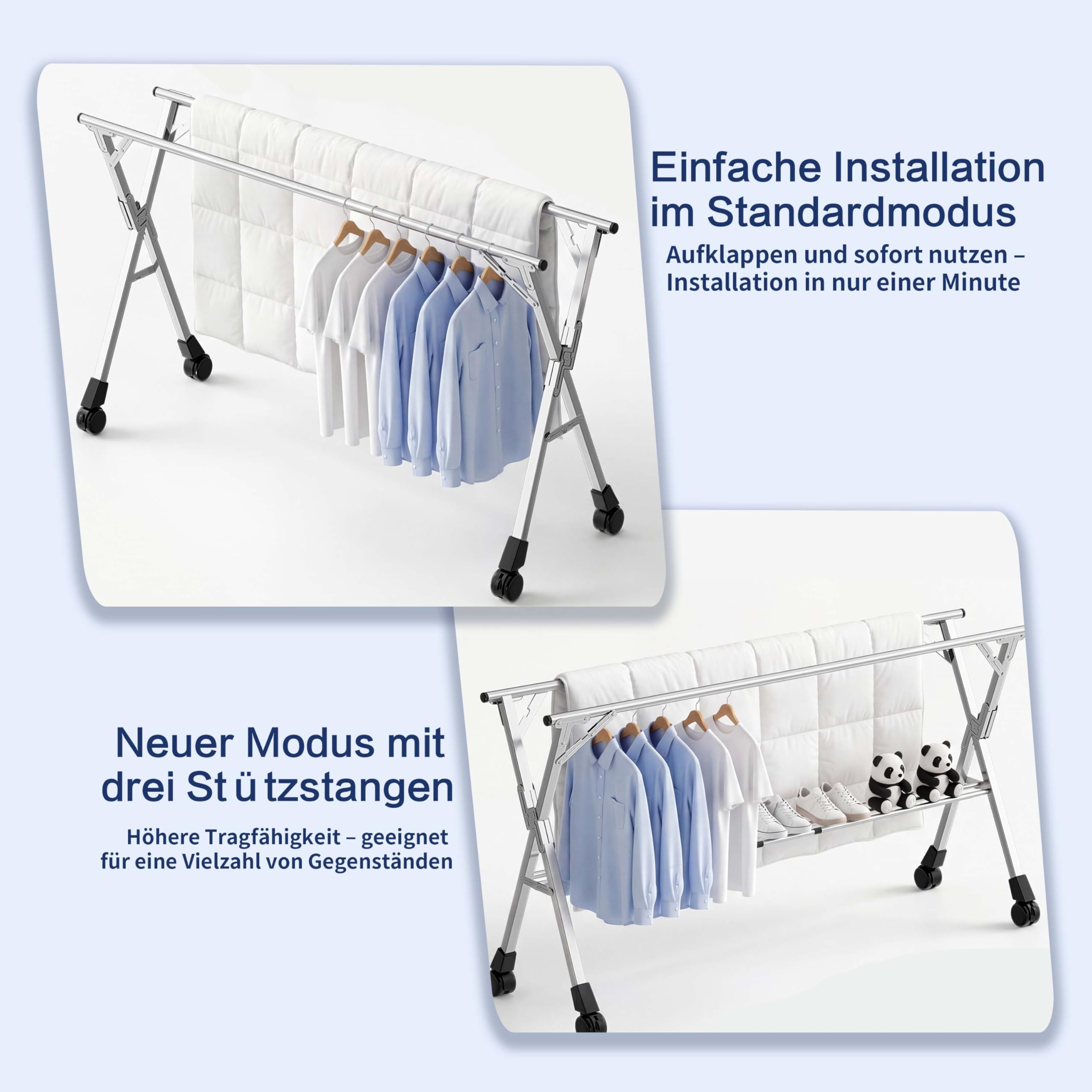 Wäscheständer 240 cm, Faltbarer Kleiderständer für drinnen und draußen, Wäscheständer zusammenklappbar, Wäscheständer aus robustem Edelstahl, Kleiderständer mit 20 Haken und 12 Klammern (240cm)