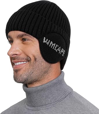 Wmcaps Fleece Line Beanie with Earflap,Winter Knitted Hat for Men Women Stocking Caps for Cold Weather