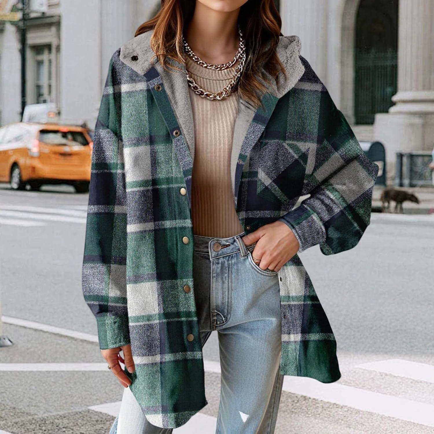Women Flannel Shacket Jacket Plaid Hooded Winter Coats Long Sleeve Button Down Shirts Fuzzy Fleece Jacket Outerwear
