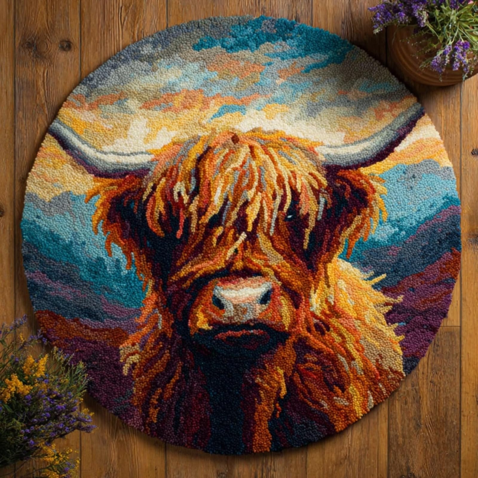 WallustrioaW DIY Latch Hook Rug Kits,Small Highland Cattle,Pre-Printed Canvas DIY Rug Making Kit,Cross Stitch Carpet Crochet Crafts - Home Decor Project,50x50cm