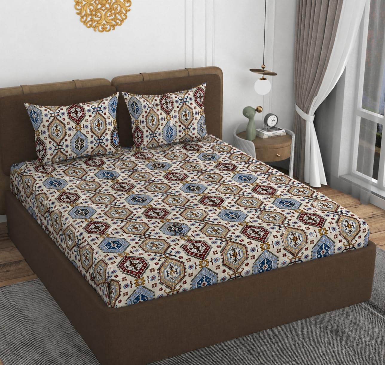 VOMZER 320 TC Cotton Feel All Around Elastic Fitted Bedsheets Queen Size, Premium Fitted Bedsheets Queen Size for Double Bed with 2 Pillow Covers, Size- 78” x 60” (Desert Mosaic)