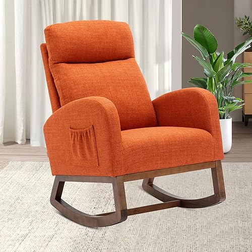 NIOIIKIT Silla mecedora para guardería, silla deslizante tapizada para guardería, silla mecedora decorativa con respaldo alto y bolsillos laterales,