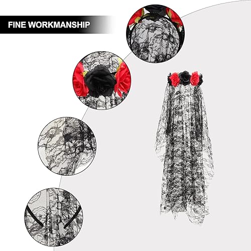 Miniatura 3 de Diadema de rosas de Halloween flor diadema floral día del velo negro mexicano Halloween Rose Halloween novia velo diadema gótica ropa Festival