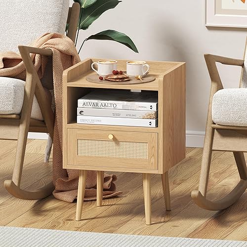 Vista 8 de Night Stand Set 2, Nightstands Set of 2 with Charging Station, Rattan Side Tables with Solid Wood Legs, Boho Bedside End Table for Farmhouse Bedroom