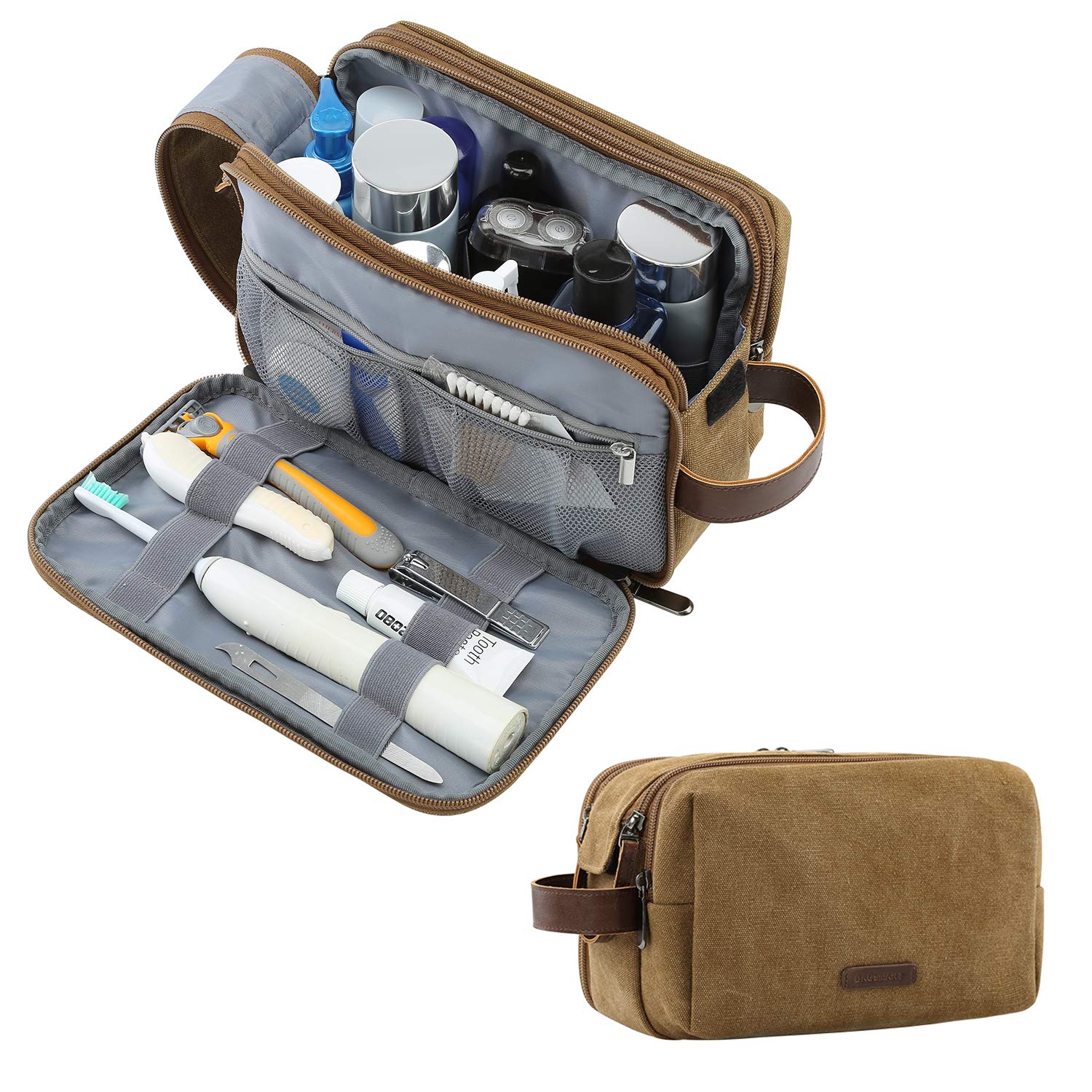 BAGSMARTToiletry Bag for Men, Canvas Travel Toiletry Organizer Dopp Kit Water-resistant Shaving Bag for Toiletries Accessories,Khaki-Medium