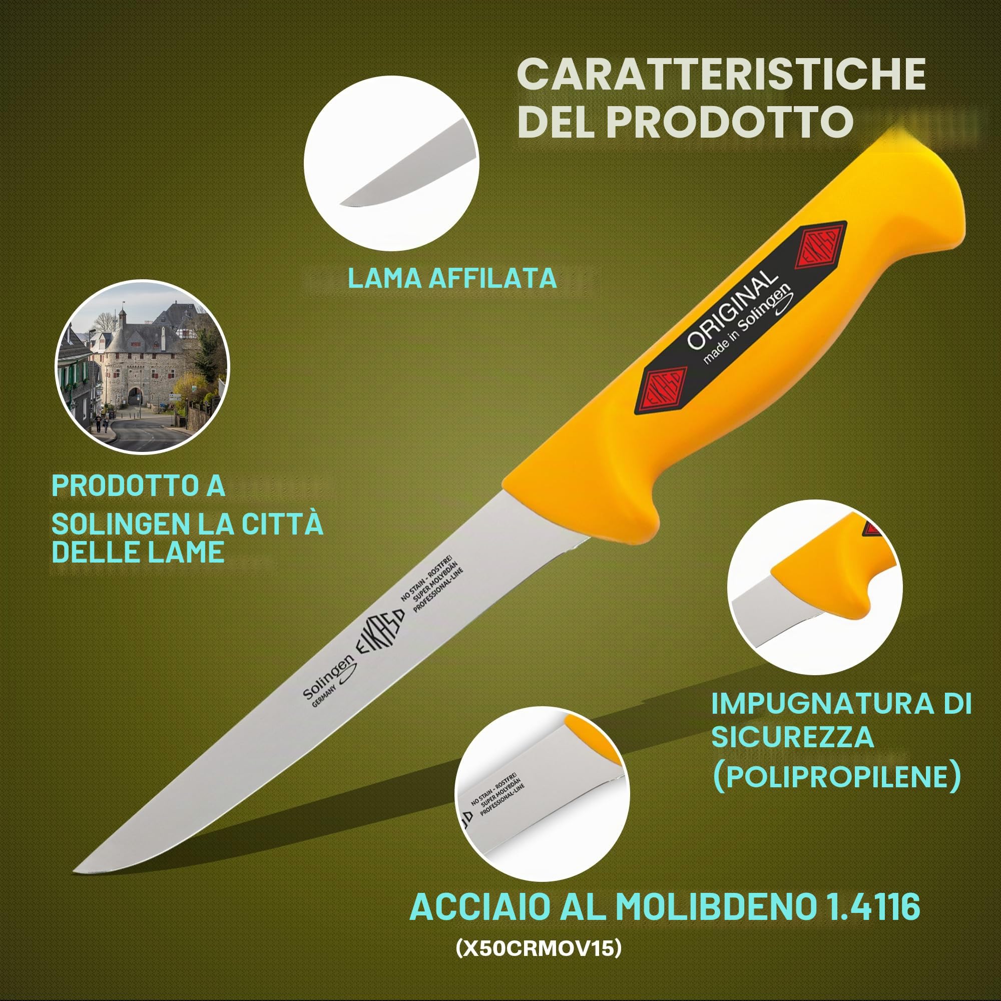EIKASO Solingen Germany - Set di 3 coltelli da macellaio, in acciaio al molibdeno 1.4116 temprato con manico antiscivolo per professionisti e privati (giallo)