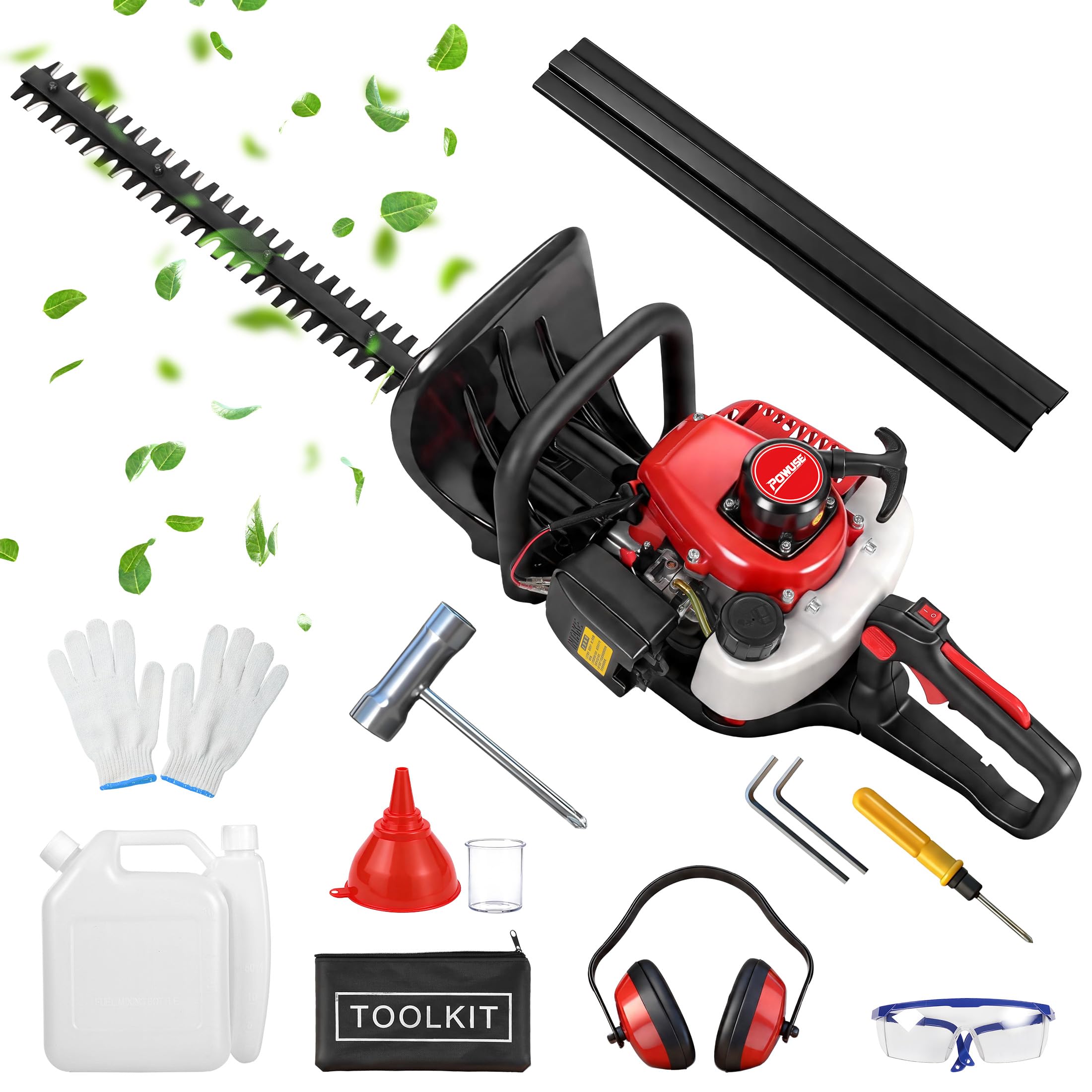 POWUSE 24 Inch Petrol Hedge Trimmer, 23cc 2-Stroke Hedge Cutter with Double Sided Blade, Easy Start, Rotating Handle, Anti-Vibration Lightweight Petrol Hedge Clippers, Garden Tool for Bushes Shrubs