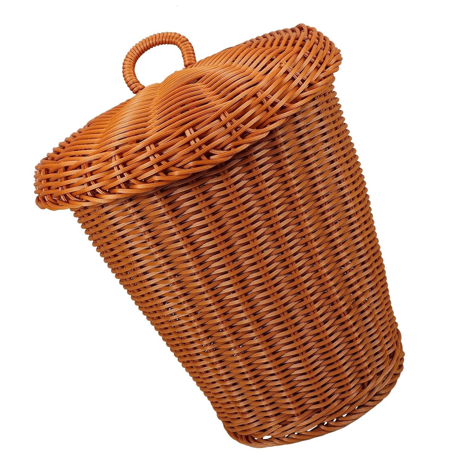 Multipurpose Woven Trash Can with Lid, Round Rattan Storage Basket, Desktop Garbage Bin for Living Room and Office Organization