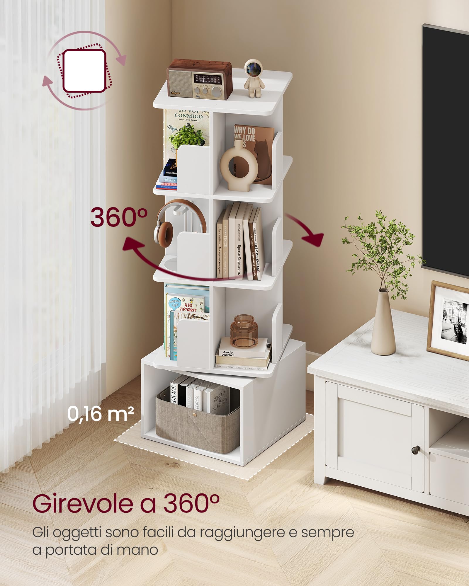 VASAGLE CUSTOS Collezione - Libreria Scaffale Girevole a 360°a 4 Ripiani, Scaffale Portaoggetti, Scomparti Aperti, 40 x 40 x 124,6 cm, per Camera da Letto Soggiorno Studio, Bianco Nuvola LBC471WB01