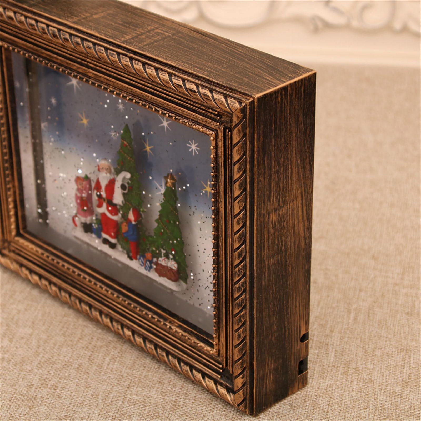 Caja giratoria iluminada para adornos navideños con visualización de imágenes personalizable y marco de fotos musical de Navidad con efecto suave de nevadas
