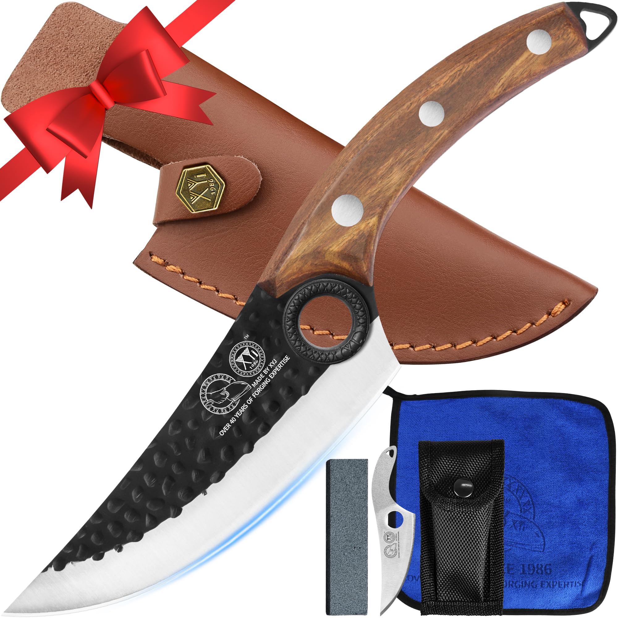 FULL TANG 6 Inch Stainless Steel Boning Knife Chef Fishing Knives Carry Leather Sheath Outdoor Cooking Knives Meat Butcher Knife For Camping Kitchen or Outdoor BBQ