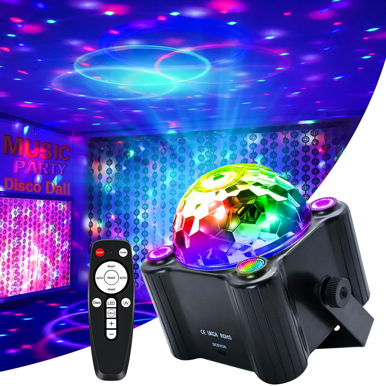 Aktywowane dźwiękiem lampki na imprezę dyskotekową, DJ Disco Ball z pilotem, stroboskopowe oświetlenie sceniczne lampa do wewnątrz, na zewnątrz, do domu, pokoju, tańca, na urodziny, karaoke
