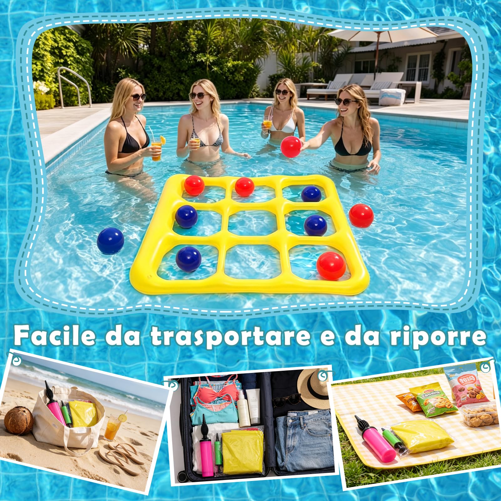 CYFIE Giocattolo per Piscina Tic Tac Toe, Gonfiabile, 3 x 3, con 10 Palline e 2 Pompe, Giocattolo per Adulti, Accessori per Piscina, Divertimento per Piscina, Spiaggia e Giardino, Giocattolo